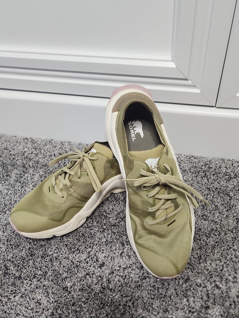 Sorel Olive Green Sneakers with Pink Heel Accents